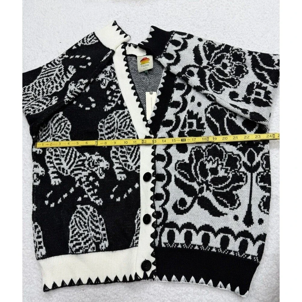 Farm Rio Anthropologie Cardigan Sweater Black Tiger Preppy Boho Size XS NWT